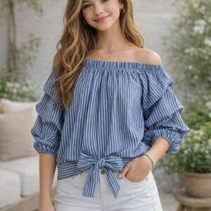 Habitual Joyce Girl's Navy White Striped Gathered Top (GIRLS 16/WOMEN XS)